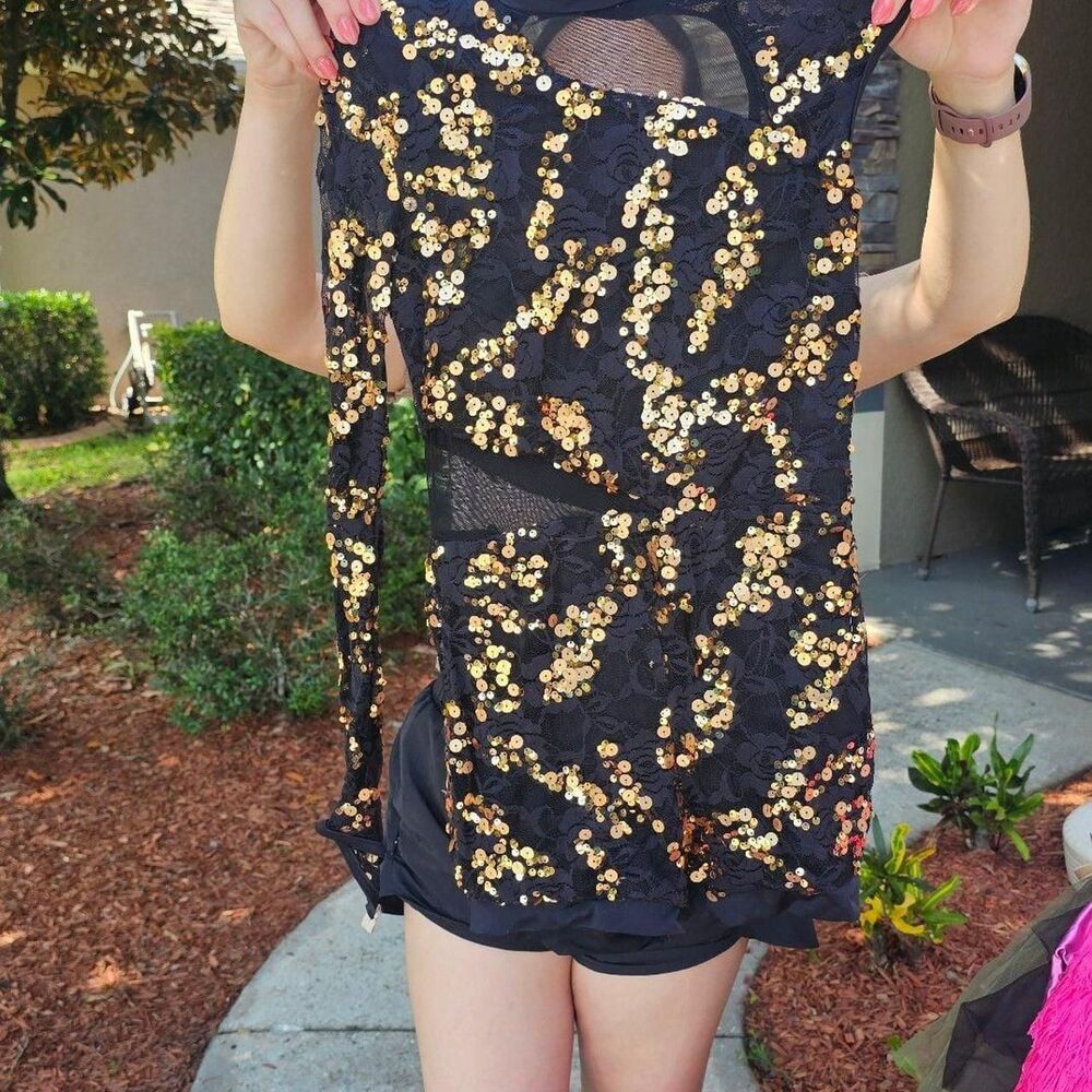 Weissman Black and Gold Sequin Lace Long Sleeve Dance Biketard
